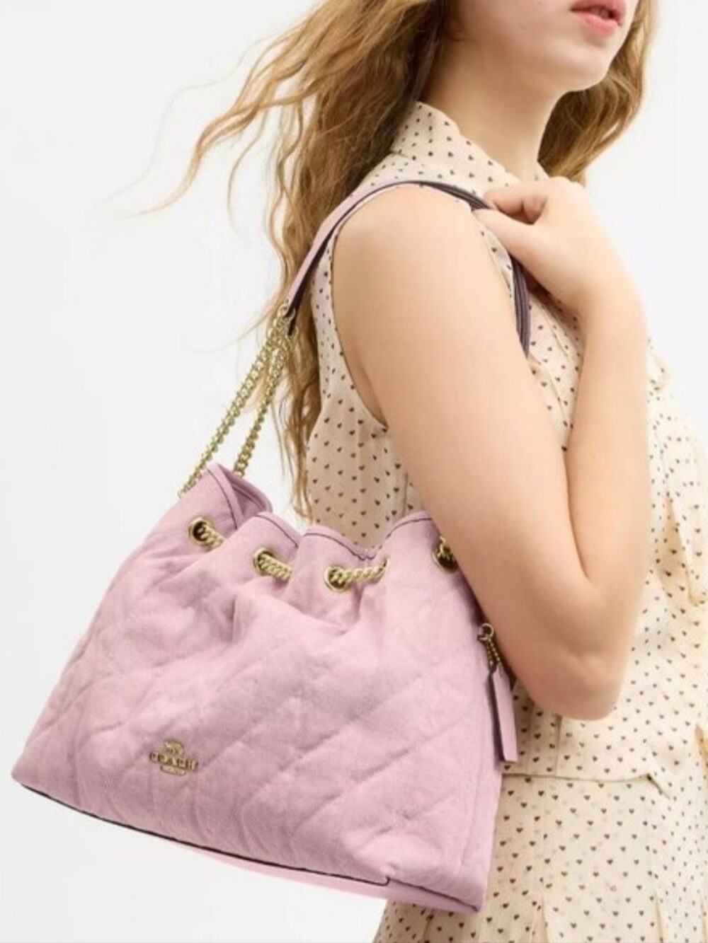Coach Evelyn Shoulder Bag In Love Denim with Quilting Charm Light Pink Sold Out